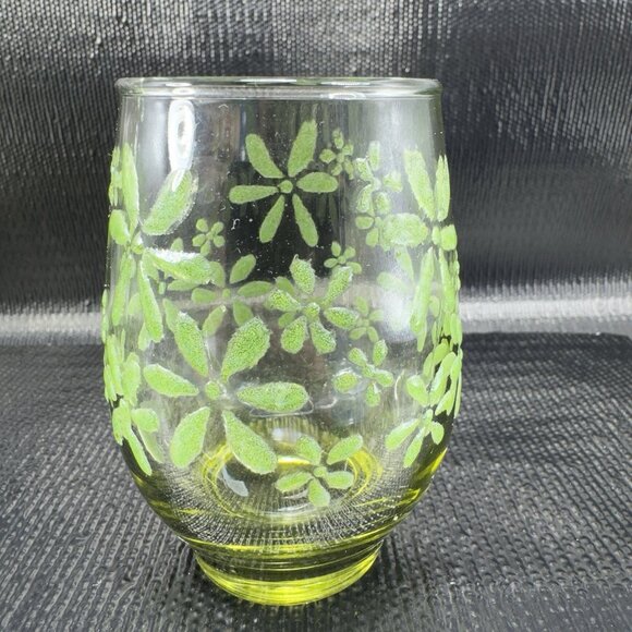Libbey Green Lowball Glasses With Embossed Floral Design Cups Set 4 Cups 3.5inch - Picture 2 of 10